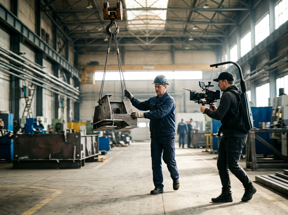 Een persoon in een bedrijfshal samen met een cameraman. Filmen voor een productfilm